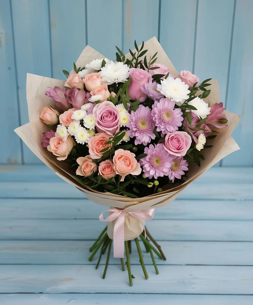 Букет цветов из: Хризантемы, Розы и Альстромерии в Кандалакше