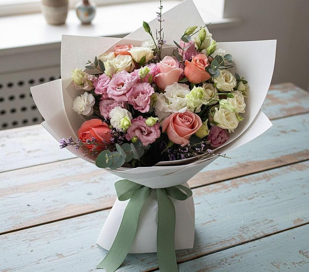 Букет цветов из: Розы, Лизиантусы и Гвоздики в Кандалакше