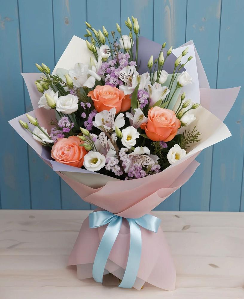 Букет цветов из: Лизиантусы, Розы, Альстромерии и Гипсофила в Кандалакше